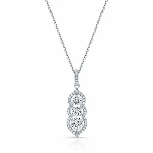 14K White Gold 3 Stone Diamond Vertical Pendant Minaret Tips Round Cut Natural - Picture 1 of 3