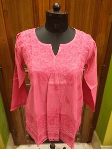 S 38" M 40" HANDMADE 100% COTTON ETHNIC CHIKAN EMBROIDERY TOP KURTA KURTI TUNIC - Picture 1 of 6