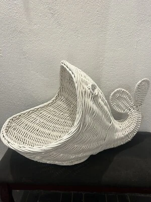 Whimsical Whale Storage Basket Display White Rattan Wicker Coastal Beach Decor - Image 1 of 2