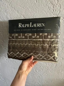 New VTG RALPH LAUREN Nazomi Peak Neutral TWIN Flat Sheet Cotton Western Cowboy - Picture 1 of 4