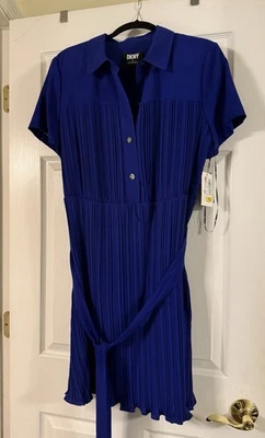 DKNY Women's Royal Blue Pleated Tie Waist Size 16 Dress - Image 1 of 4