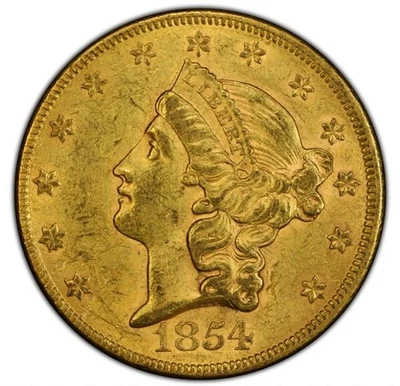 1854 $20 Gran Fecha Liberty Head Doble Águila PCGS AU58 (CAC) Foto 1 de 3