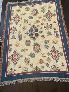 Vintage La Cotonniere 100% Baumwolle Überwurf Decke Südwesten Aztekenmuster Fransen - Bild 1 von 7