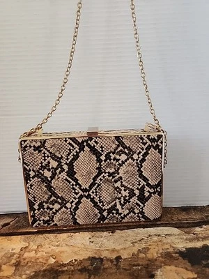Fashion Nova Snakeskin Design Clutch Purse Crossbody Gold Chain Strap  - Image 1 of 4