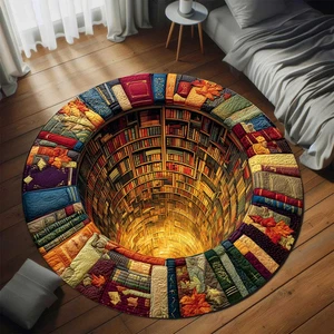 3D Bibliothek Bücher Rund Teppich, Trippy Buch Loch Fußmatte, Leseecke, Bunt D - Bild 1 von 4