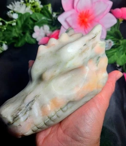 5,3 Zoll 980 g Pfirsich gestreift Jade Drachenkopf Schädel Kristallschnitzerei 2,3 Pfund Statue - Bild 1 von 15