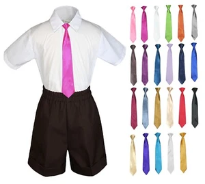 3pc Set Boy Baby Toddler Formal Party DARK BROWN Shorts Choose a Color Long Tie - Picture 1 of 26