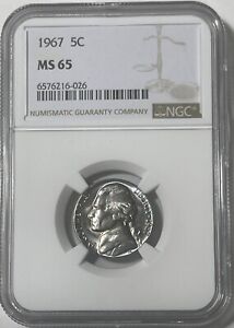 1967 Jefferson 5C NGC MS65 (#16013) Fresh holder. Flashy coin.