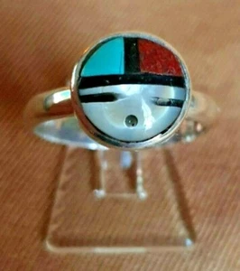 Anillo Zuni sencillo Sunface, turquesa, coral, ónix, nácar, plata 925 %, indios - Imagen 1 de 5