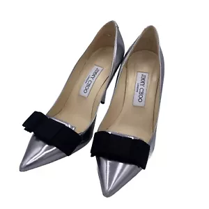 Jimmy Choo Heels Size 37 Uk 4 Black Bow On Silver Shiny Leather 100 Mm Heel - Picture 1 of 7