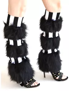 Striped Fur Leg Warmers Black Fluffy Boot Covers Animal Cosplay Costume Circus - Picture 1 of 3
