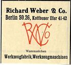 Richard Weber & Co. Berlin Werkzeugfabrik Werkzeugmaschinen Trademark von 1912