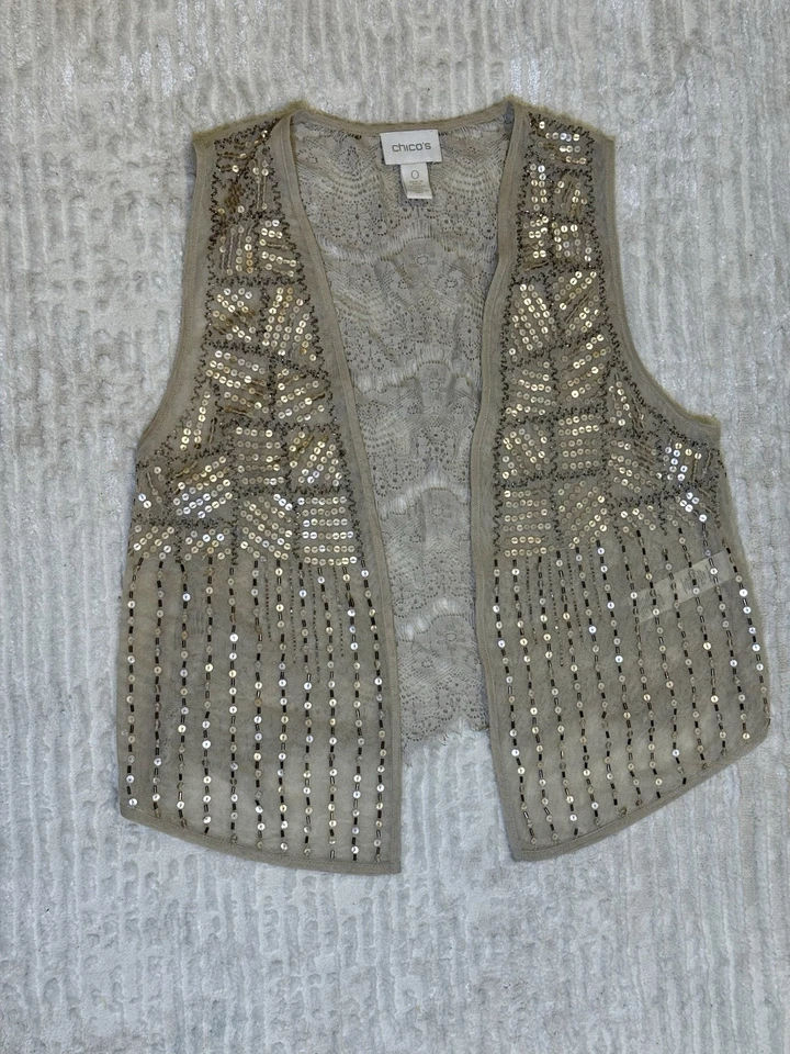 Colete Chicos Feminino Tamanho 0 Lantejoulas Bronzeadas/Douradas Padrão Enfeitado Renda Costas Sexy - Imagem 1 de 4