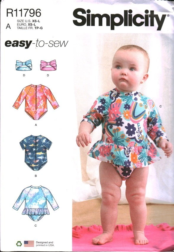 11796 UNCUT Simplicity Sewing Pattern Infant Swimsuits Rash Guard Headband Baby - Image 1 of 2