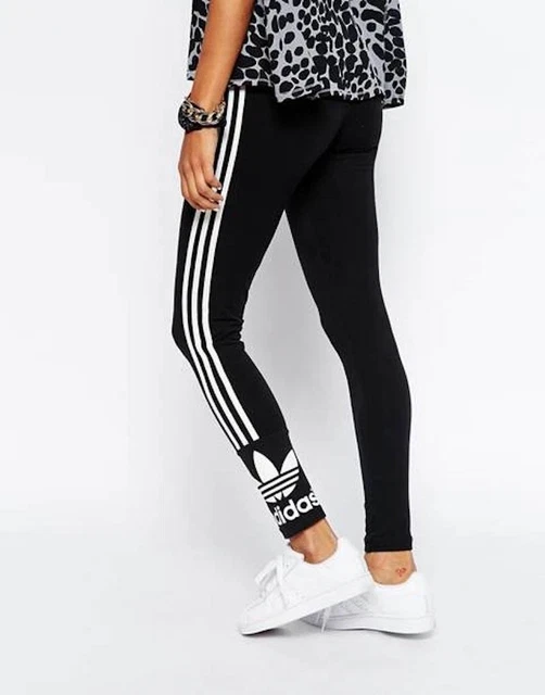 ADIDAS WOMENS 3 STRIPES LEGGINGS BOTTOMS SIDE LOGO RUNNING PANT BLACK10,12,14,16 - Image 1 of 3
