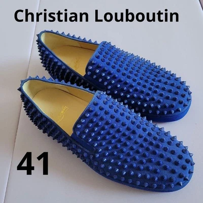 Christian Louboutin scarpe slip-on sneakers borchie EU 41 US 8 blu autentiche - Immagine 1 di 4
