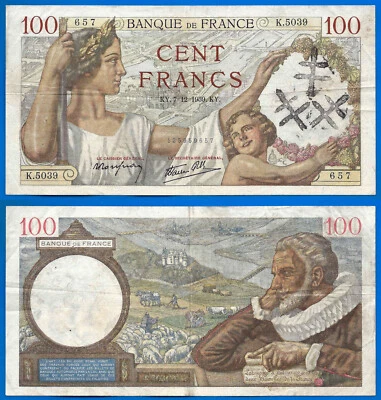 France 100 Francs 1939 7 December Overload Sully Europe Frcs Frs Free Ship Wrld - Image 1 of 3