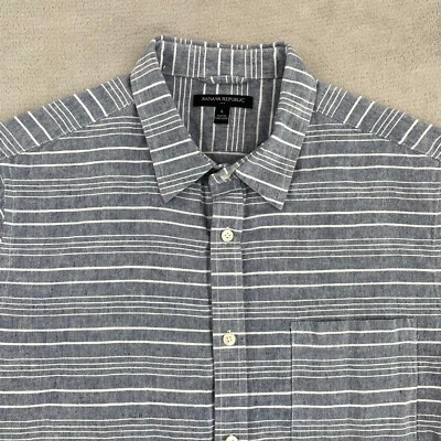 Banana Republic Shirt Men Large Grey Striped Linen Blend Chambray Short Sleeve - Image 1 of 4