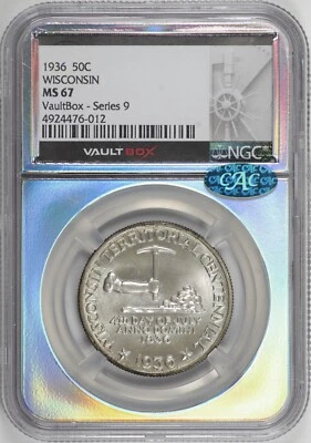1936 Wisconsin Commemorative Half Dollar 50c NGC MS67 CAC VaultBox [BN012] - Image 1 of 4