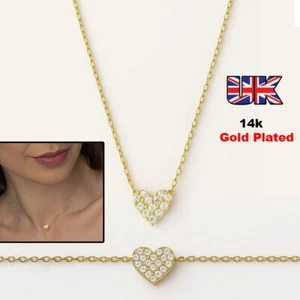 14K Gold Plated Tiny Sparkling Zirconia Crystal Heart Pendant Necklace For Girls - Picture 1 of 6