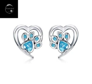 Sterling Silver 925 Earrings Blue Dog Cat Paw Stud Perfect Gift for Ladies Girls - Picture 1 of 6