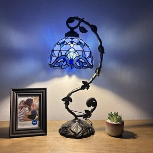 Tiffany Style Table Lamp Baroque Style Lavender Blue Stained Glass 21"H - Picture 1 of 8