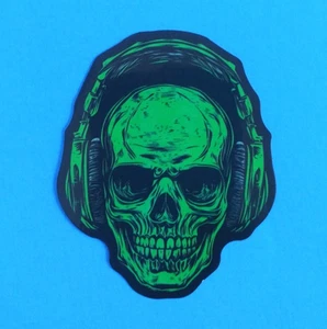 Skull Wearing Headphones Green & Black Gothic Sticker 2.5" x 2" (AX) - Picture 1 of 2