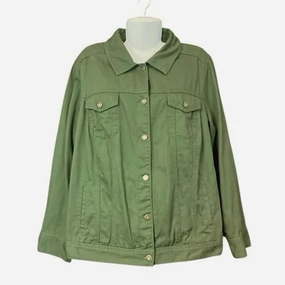 Chaqueta vaquera Jessica London verde oliva abotonada 100 % algodón para mujer | Talla 20W Foto 1 de 4