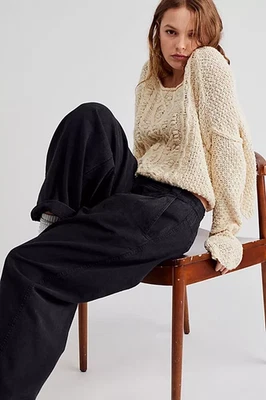 Free People Lotta Love Linen Trousers Pants Black Straight Leg Pull On New S 4 - Image 1 of 4