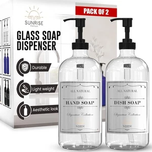 Sunrise Premium 16 Oz Clear Glass Soap Dispenser with Pump 2 Pack, Thick - Picture 1 of 8