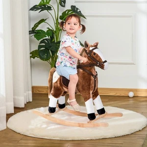 Qaba Kid Plush Rocking Horse Ride-on Baby Girl Toy Pony w/ Realistic Sound Brown - Picture 1 of 11