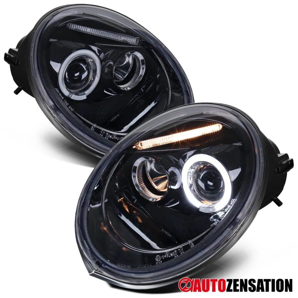 Fit 1998-2005 VW Beetle Black Smoke LED Halo Projector Headlights Left+Right - Image 1 of 4