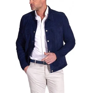 Genuine Suede Leather Biker Jacket, Men's 100%, Men's Blue Jacket - Picture 1 of 4