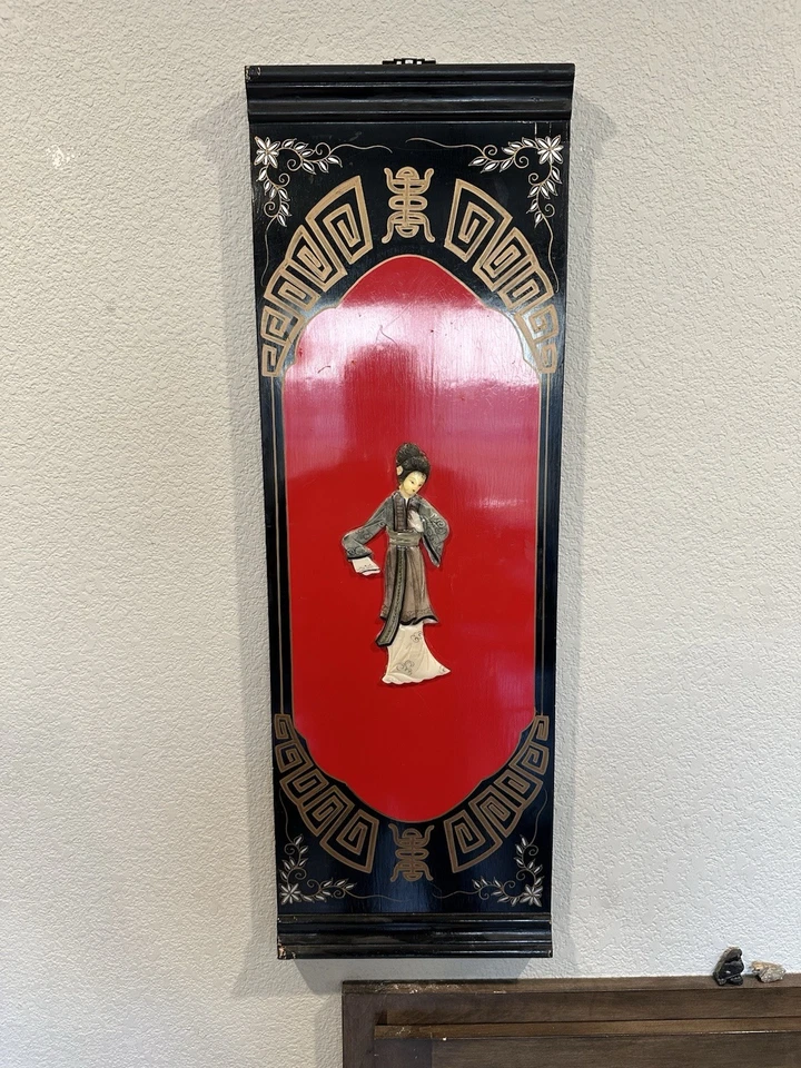 Винтажная азиатская китайская восточная черная лакированная и перламутровая настенная художественная панель - Изображение 1 из 4