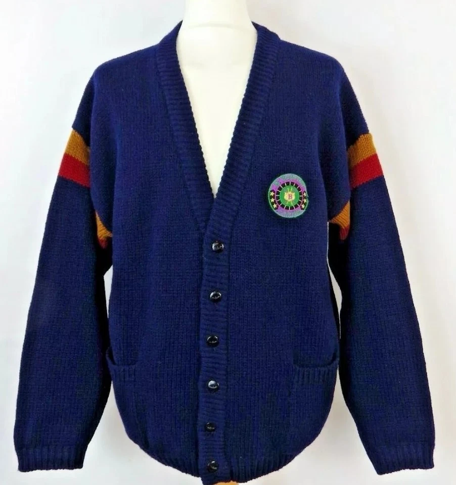 Cárdigan Suéter Vintage Años 90 Benetton Cortina Rayas Azul Lana Pura XL Pecho 52" Foto 1 de 4