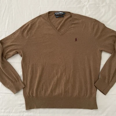 Polo Ralph Lauren Hombres Pullover Suéter Ligero GRANDE Cachemira Mezcla Moca Cuello en V Foto 1 de 4