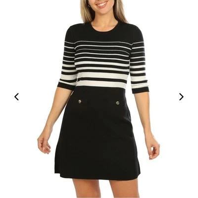 NUEVO CON ETIQUETAS $149 Vestido tejido para mujer Ellen Tracy manga codo rayas negro blanco talla XL Foto 1 de 4