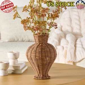 Brown Woven 10" Faux Rattan Decorative Indoor Basketweave Vase Home - Picture 1 of 4