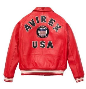 Men's Avirex Red Bomber American Flight Real Sheep Skin Leather Jacket - Picture 1 of 5