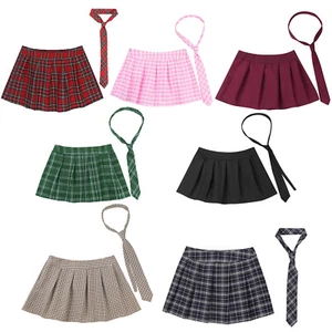 Women School Girl Uniform Cosplay Costume Plaid Pleated Mini Skirt with Tie - Picture 1 of 62