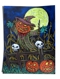 Halloween Acryl Gemälde Original Vogelscheuche Totenköpfe Mond signiert - Bild 1 von 3
