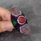 Natural Amethyst Double Point Jade Crystal Pave Open Ring Jewelry Gift