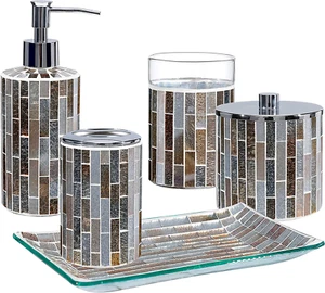 Decorative Mosaic Glass Bathroom Accessories Set 5Pcs - Includes Hande Soap Disp - Picture 1 of 8