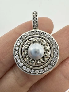 925 Sterling Silver Marcasite C Z Pearl Pendant Round - Picture 1 of 7