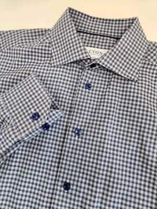 Eton Hemd Herren L 16 41 Blau Micro Gingham Kariert Langarm Slim Knopfleiste - Bild 1 von 6