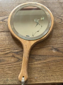 Antique Round Oak? Wood Hand Mirror Beveled Glass Handpainted Hummingbird Gold - Picture 1 of 4