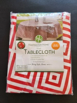 Huntington Home Vinyl Tablecloth 70" Round Red White New Indoor Outdoor - Image 1 of 4