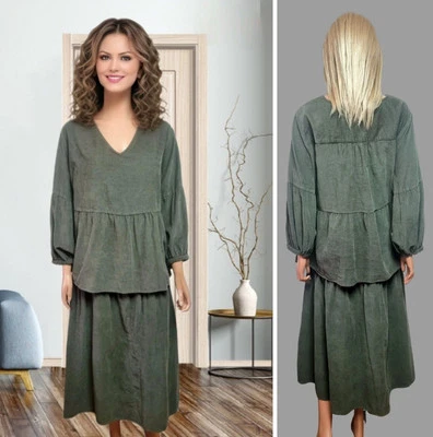 💥SALE💥PER UNA 2 PART SET SIZE 24 SKIRT+TOP OLIVE GREEN CORDUROY RUCHED MIDI #4 - Image 1 of 4