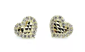 ADIRFINE 14K Solid Gold Diamond Cut Pave Cubic Zirconia Heart Screw-backs Studs - Picture 1 of 3