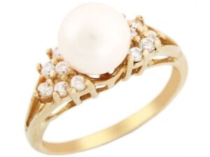 10k or 14k Solid Yellow Gold Freshwater Cultured Pearl & CZ Womens Ring Jewelry